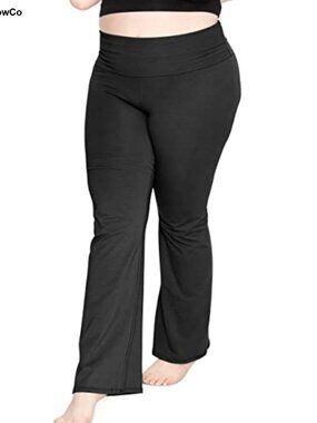 Women's Cotton Spandex Foldover Yoga Pants Wide Leg Flare Pull On